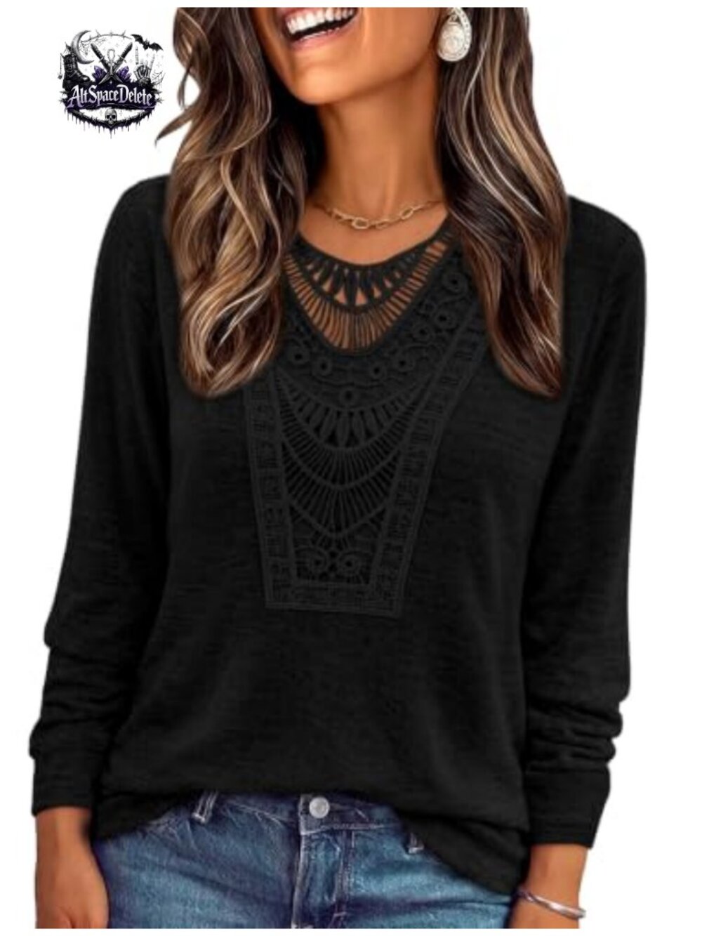 Women's Boho Peasant Top Long Sleeve V-Neck Lace Pullover Blouse Casual